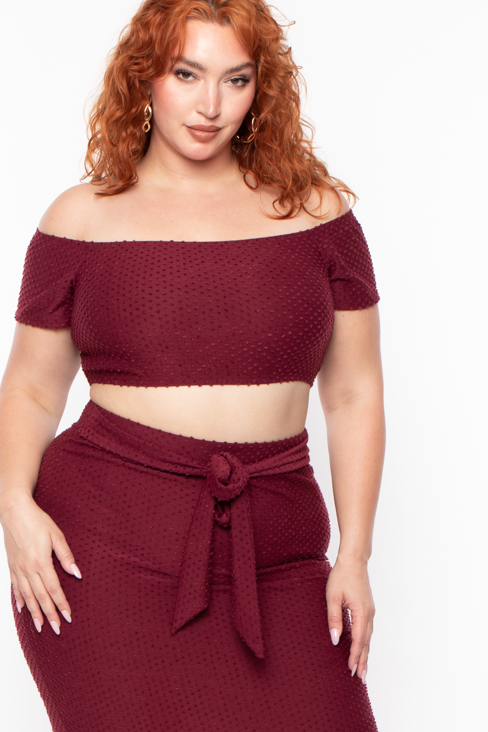 Curvy Sense Matching Sets Plus Size Off The Shoulder Textured Matching Set - Burgundy