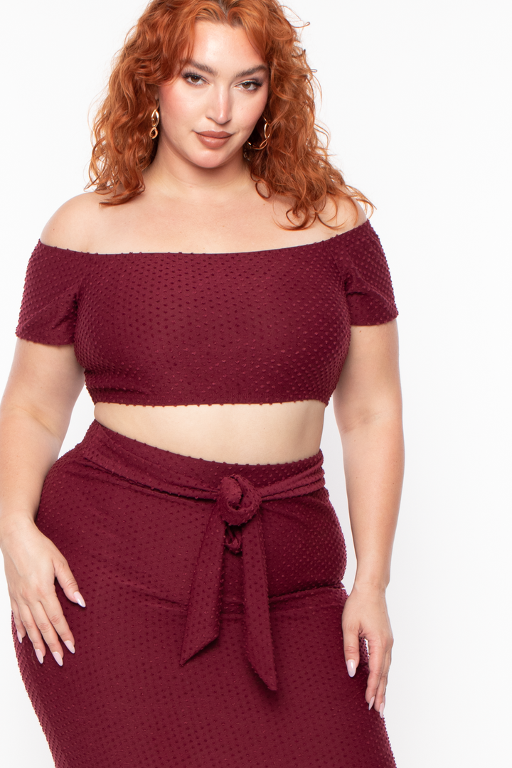 Curvy Sense Matching Sets Plus Size Off The Shoulder Textured Matching Set - Burgundy