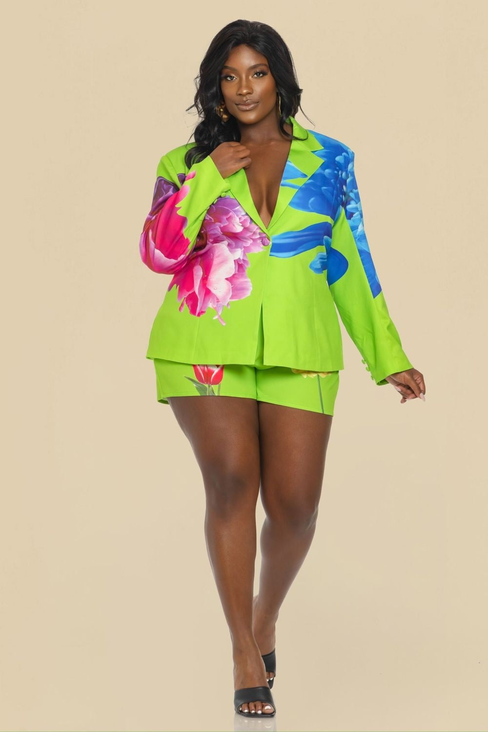 The Sang Company Matching Sets Plus Size Queen Floral Blazer and Shirt Set- Lime