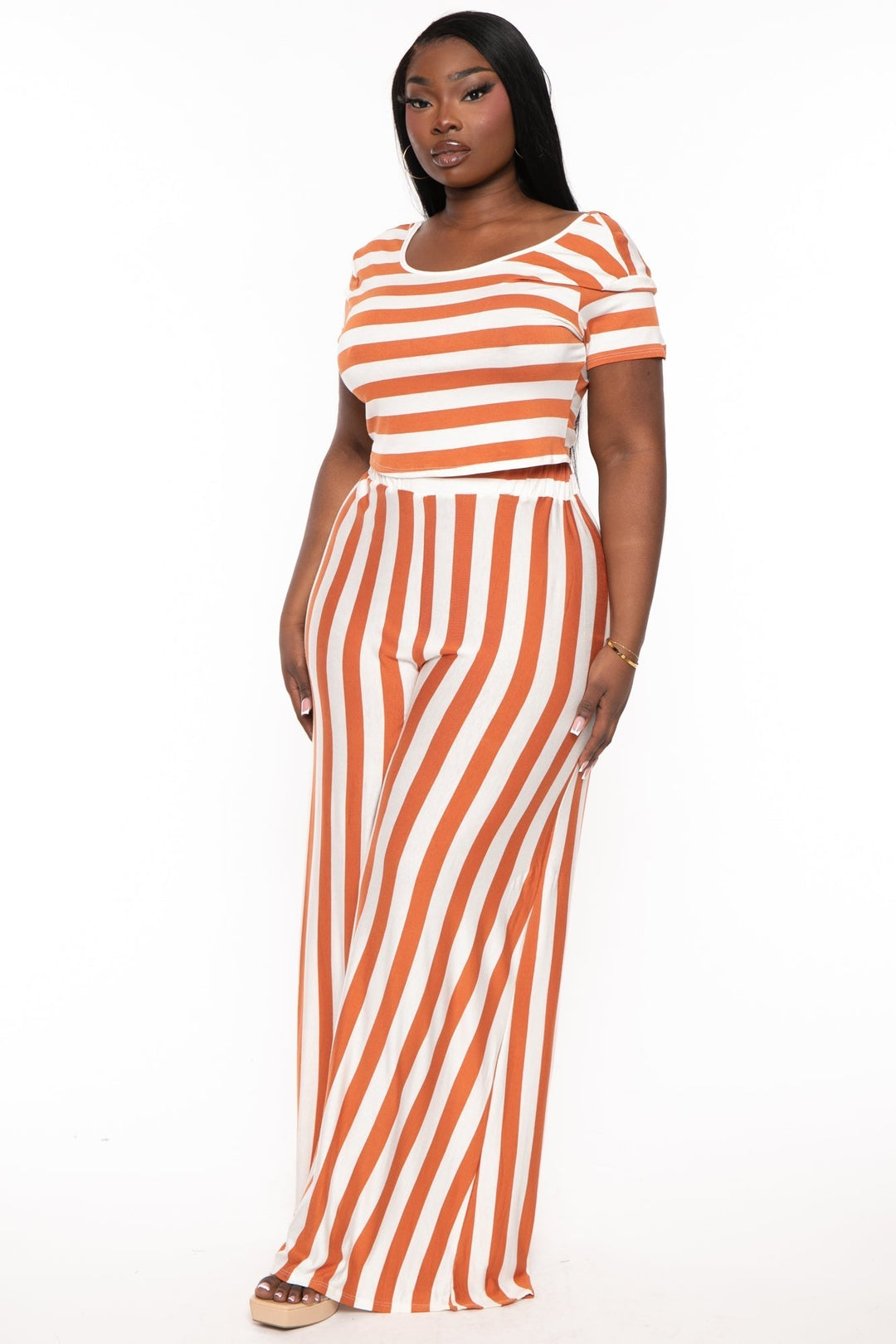 Veveret Matching Sets 1X / Copper Plus Size  Stripped  Crop Top And Flare Pants Set - Copper
