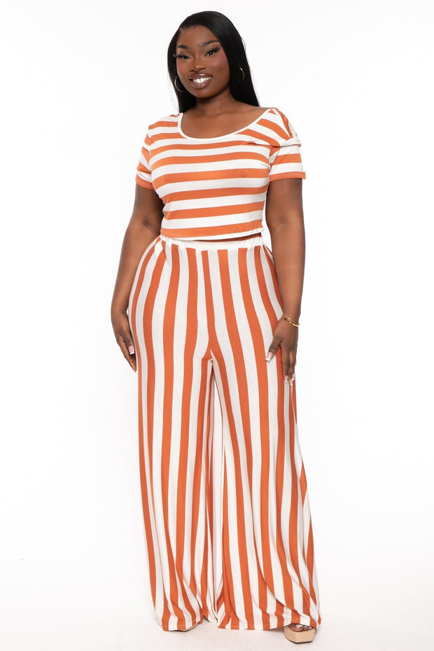 Veveret Matching Sets Plus Size  Stripped  Crop Top And Flare Pants Set - Copper