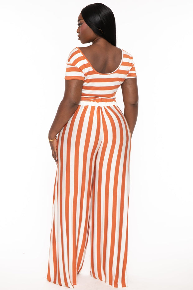 Veveret Matching Sets Plus Size  Stripped  Crop Top And Flare Pants Set - Copper