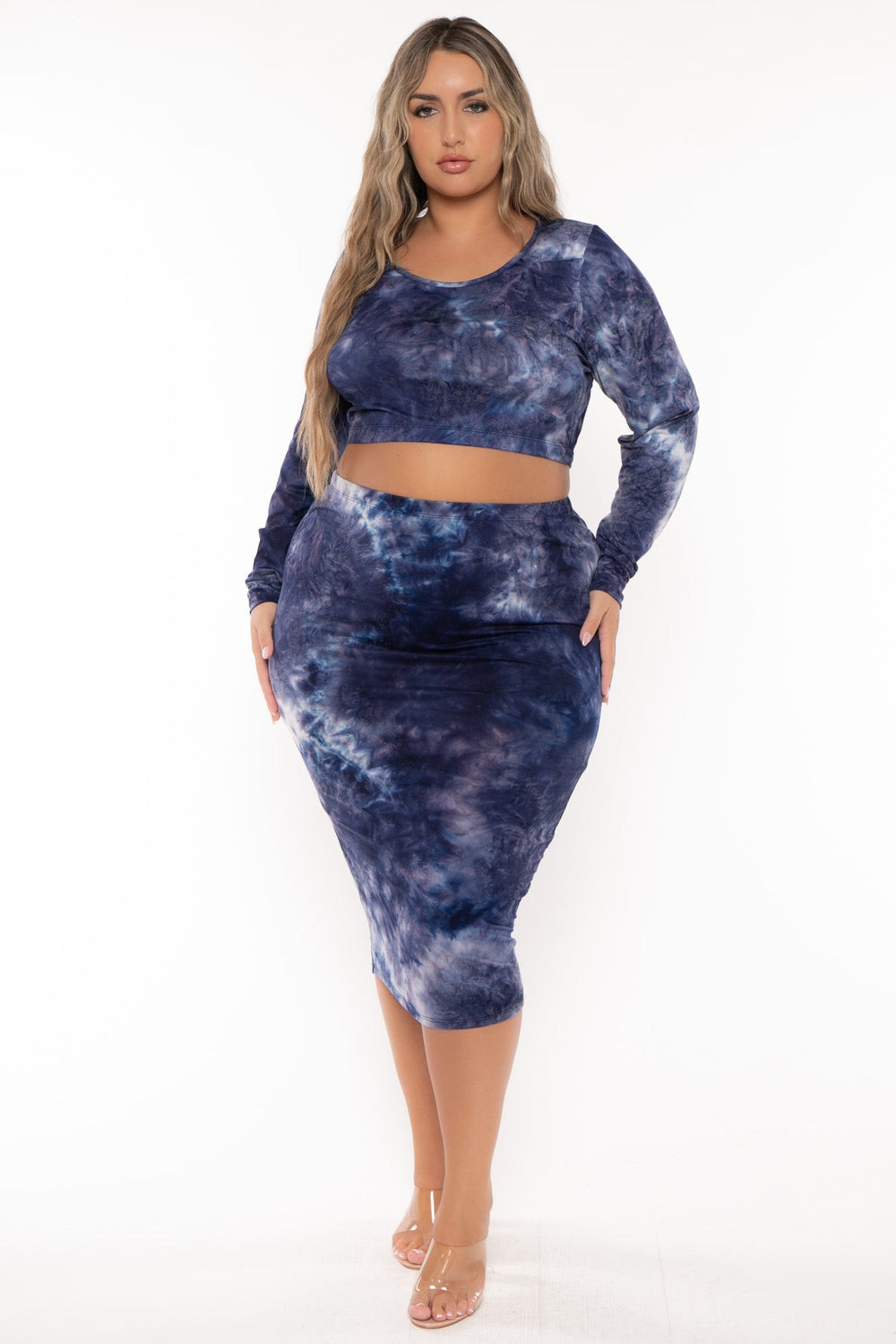 Curvy Sense Matching Sets Plus Size Tie Dye Matching Set - Navy