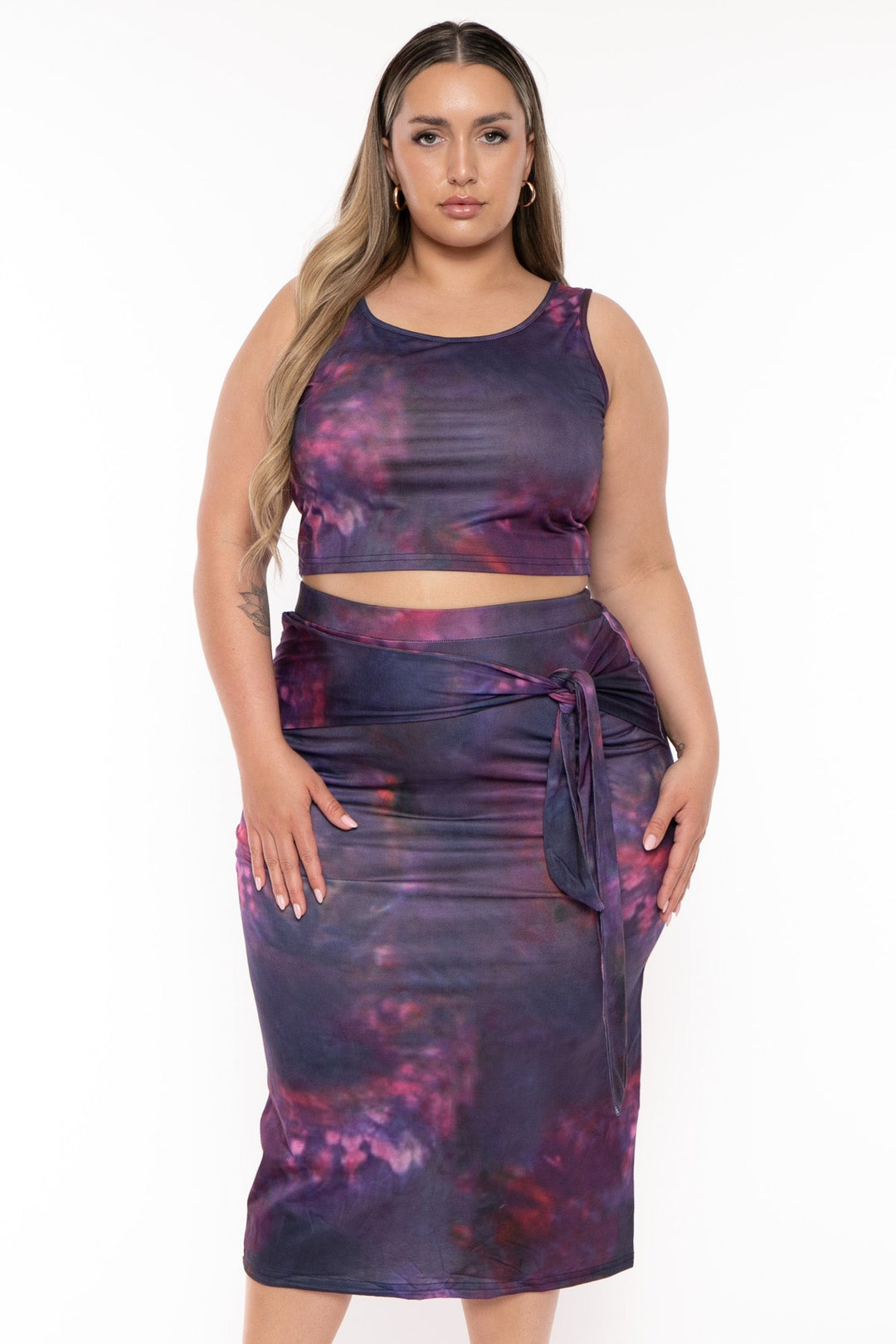 China Matching Sets Plus Size Tie Dye Top  and Skirt Set- Purple