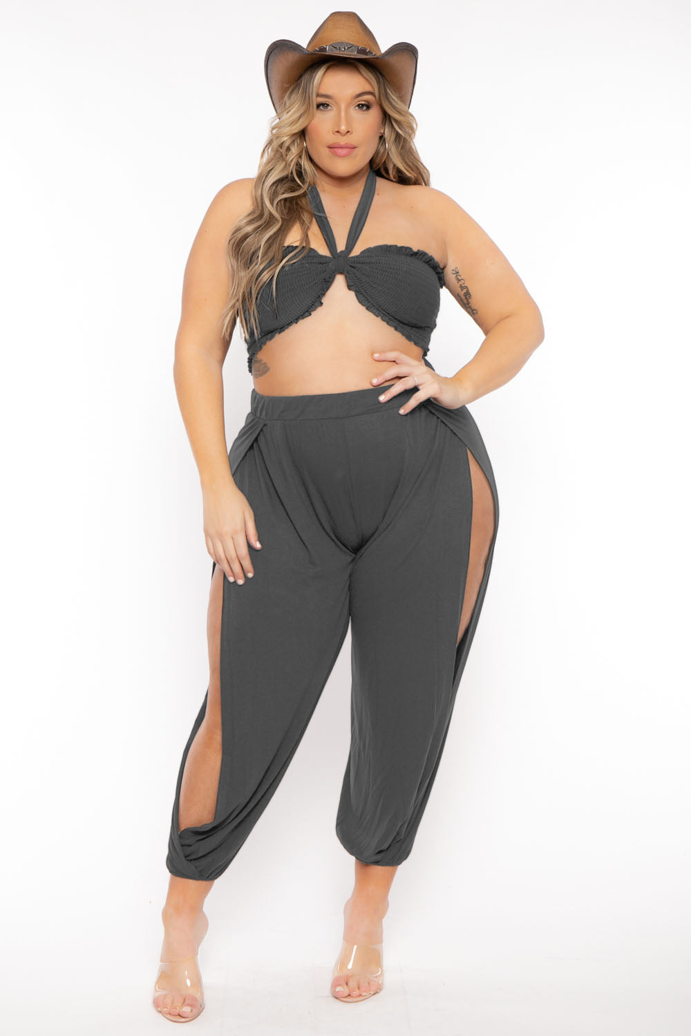 Zenana Matching Sets 1X / Charcoal Plus Size Tie Front Top And Split Pant Set- Charcoal