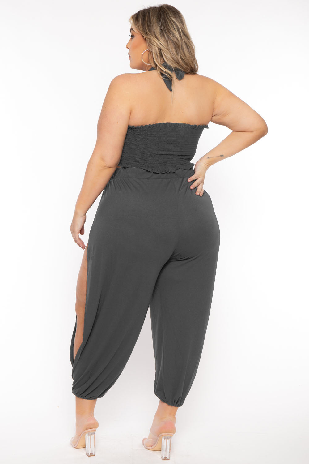 Zenana Matching Sets Plus Size Tie Front Top And Split Pant Set- Charcoal