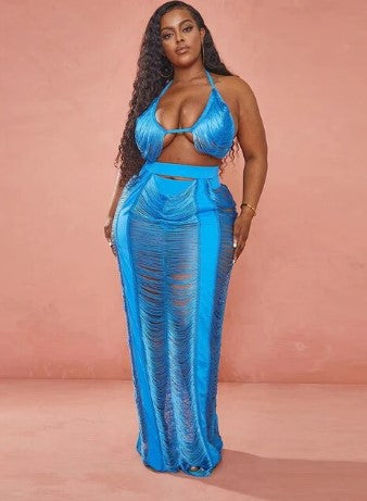 China Matching Sets Plus Size Wilshire Fringe Skirt and top Set- Blue