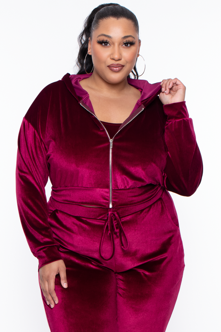 Curvy Sense Matching Sets 1X / Burgundy Plus Size Yvonne Velour Hoodie Jacket - Burgundy