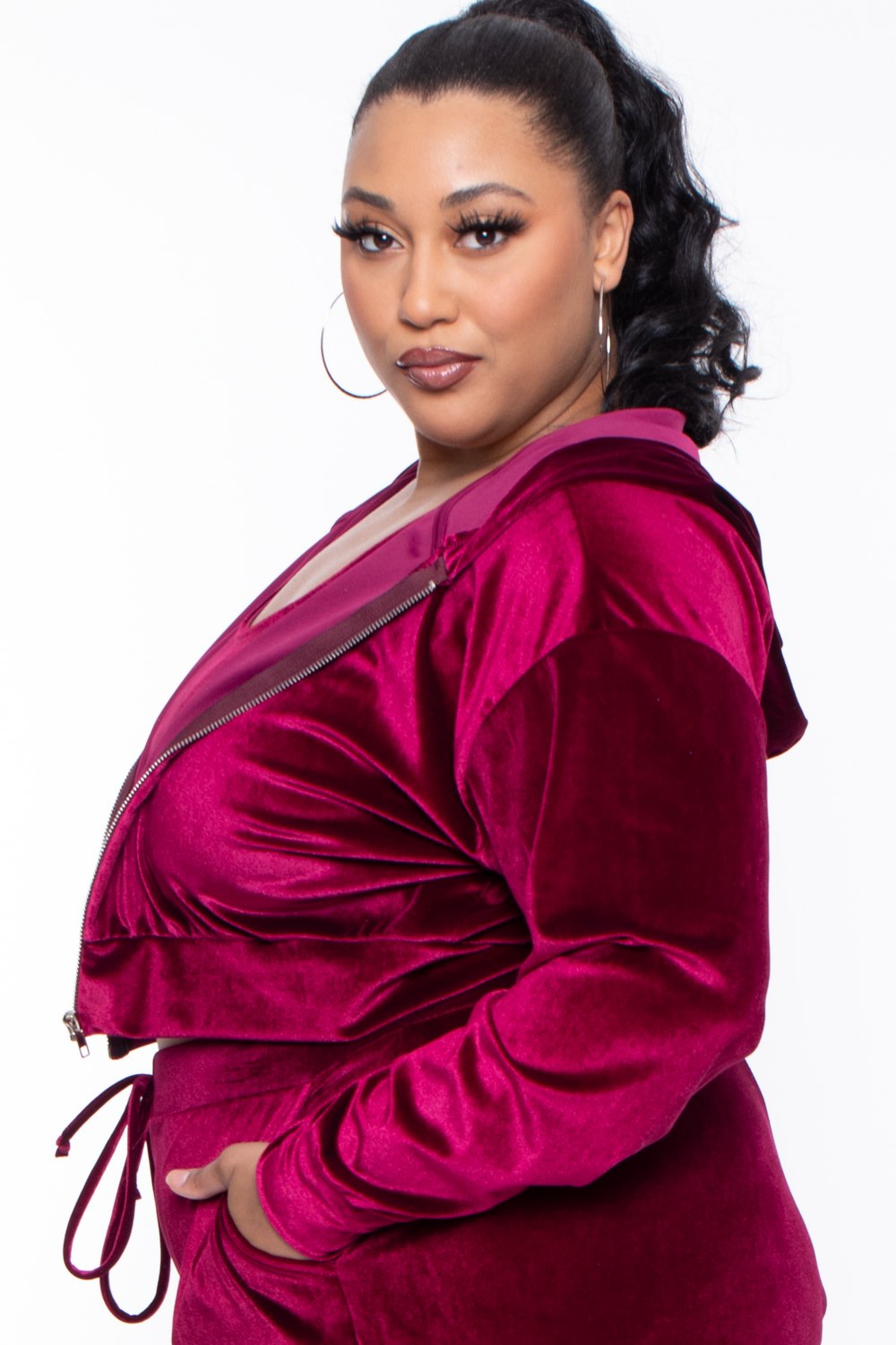 Curvy Sense Matching Sets Plus Size Yvonne Velour Hoodie Jacket - Burgundy