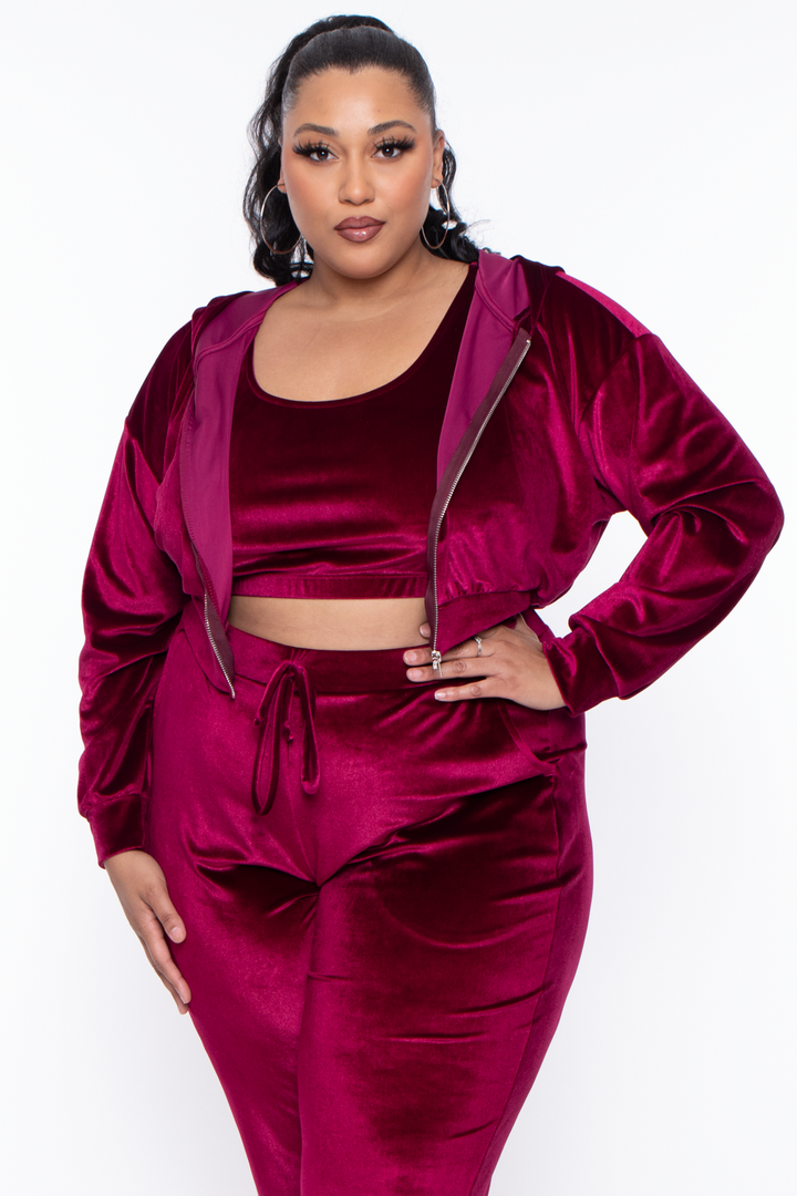 Curvy Sense Matching Sets Plus Size Yvonne Velour Hoodie Jacket - Burgundy
