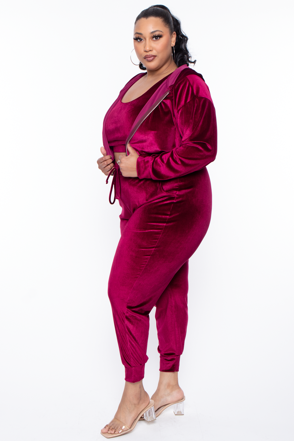 Curvy Sense Matching Sets Plus Size Yvonne Velour Hoodie Jacket - Burgundy