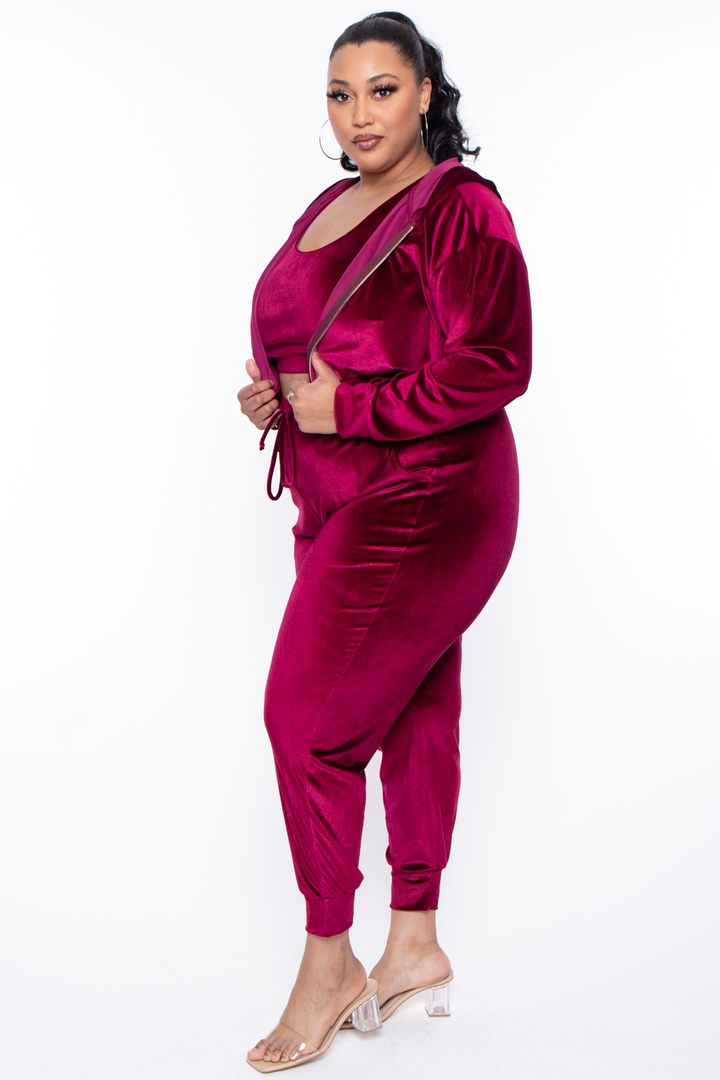 Curvy Sense Matching Sets Plus Size Yvonne Velour Hoodie Jacket - Burgundy