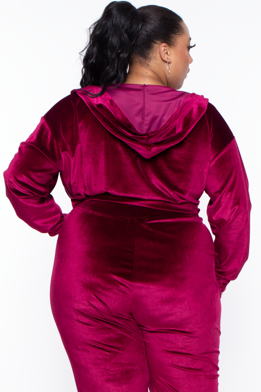 Curvy Sense Matching Sets Plus Size Yvonne Velour Hoodie Jacket - Burgundy