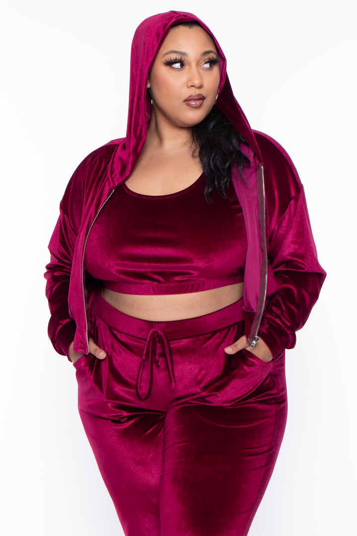 Curvy Sense Matching Sets Plus Size Yvonne Velour Hoodie Jacket - Burgundy