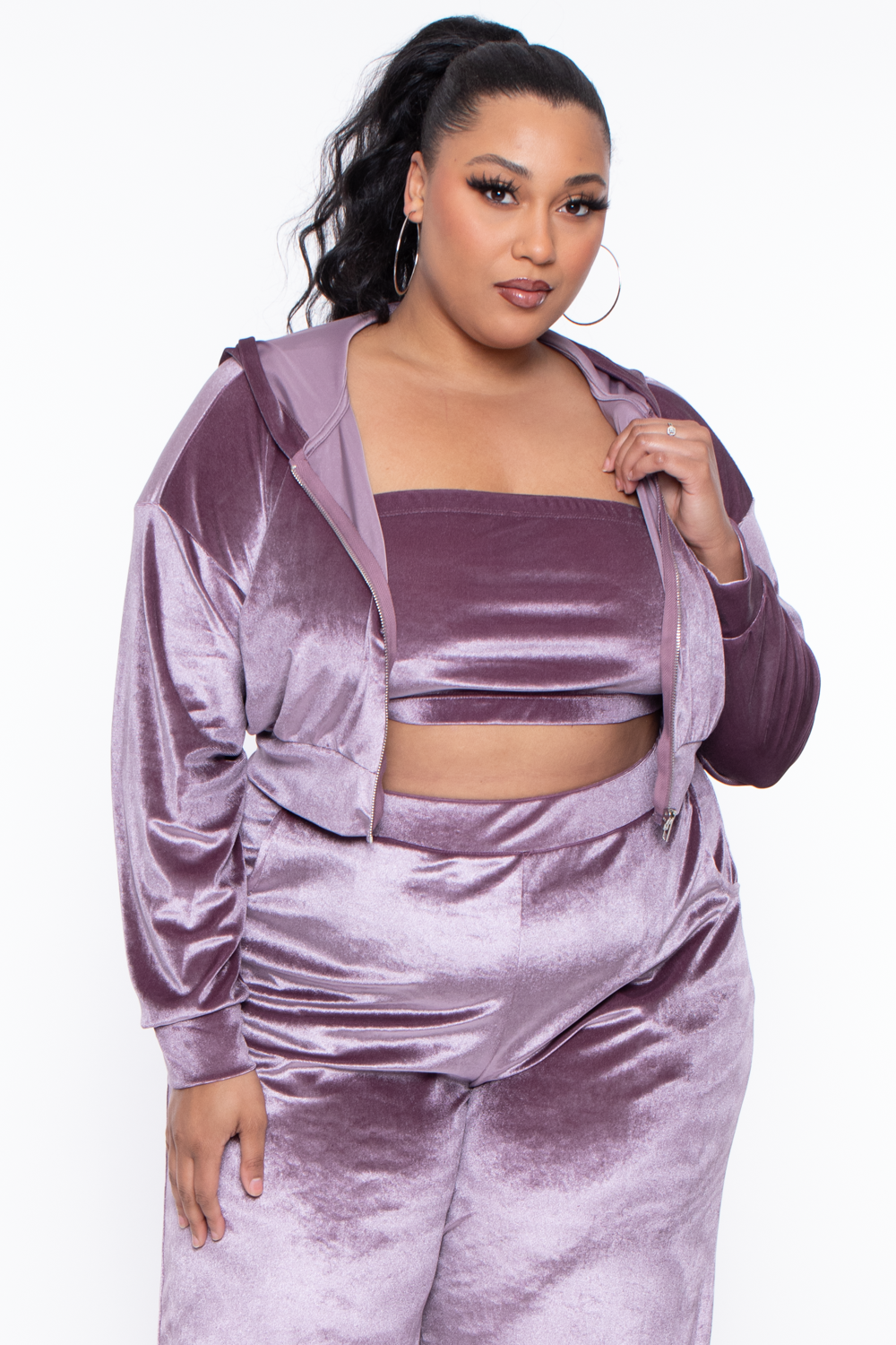 Curvy Sense Matching Sets Plus Size Yvonne Velour Hoodie Jacket - Mauve