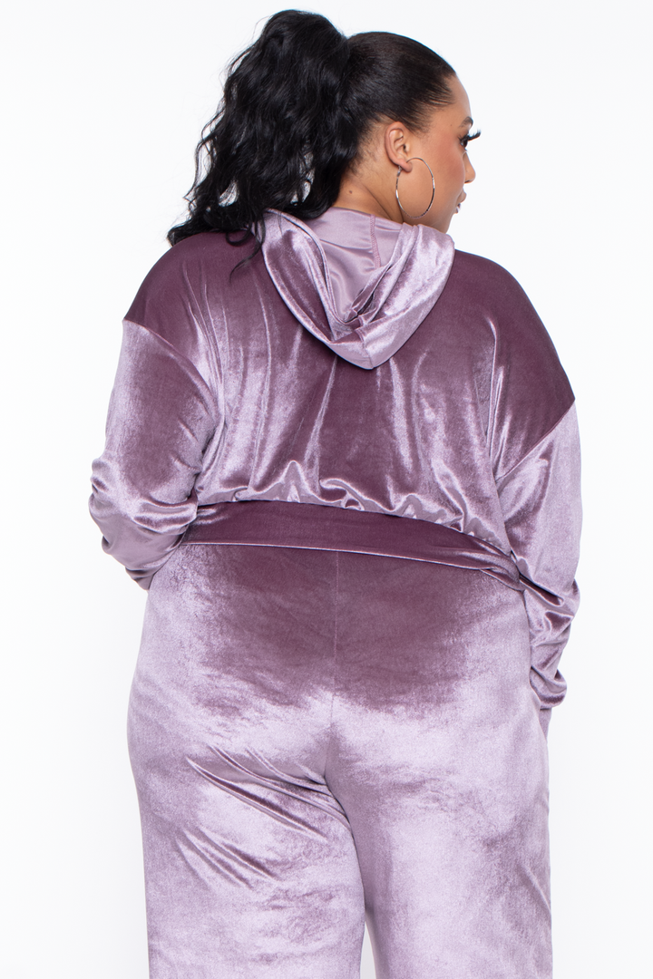 Curvy Sense Matching Sets Plus Size Yvonne Velour Hoodie Jacket - Mauve