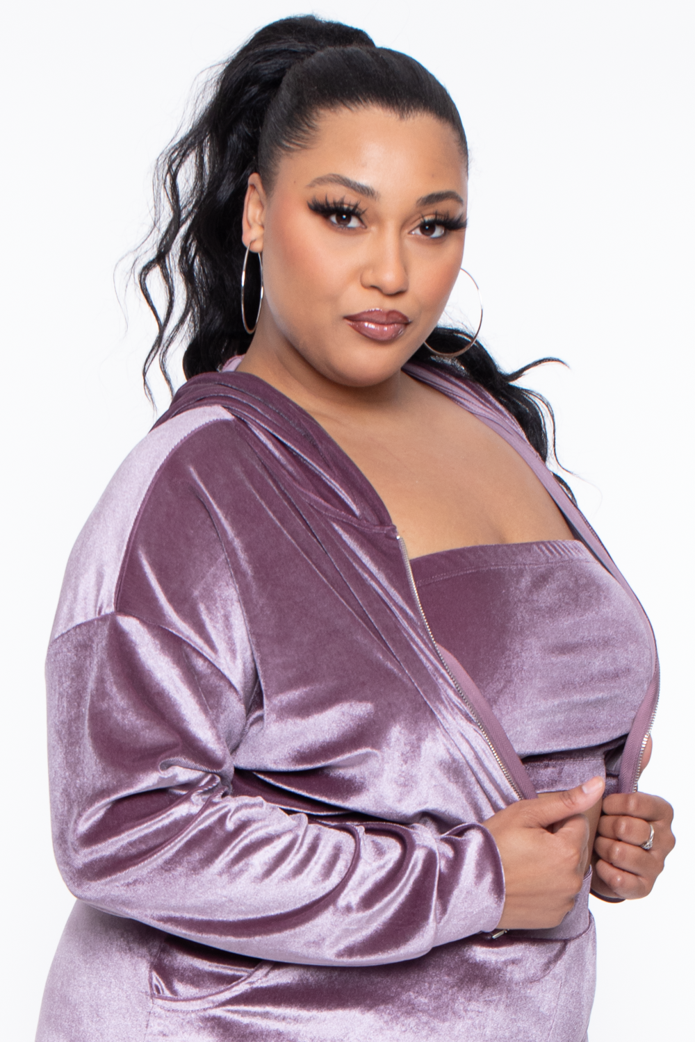 Curvy Sense Matching Sets 1X / Mauve Plus Size Yvonne Velour Hoodie Jacket - Mauve