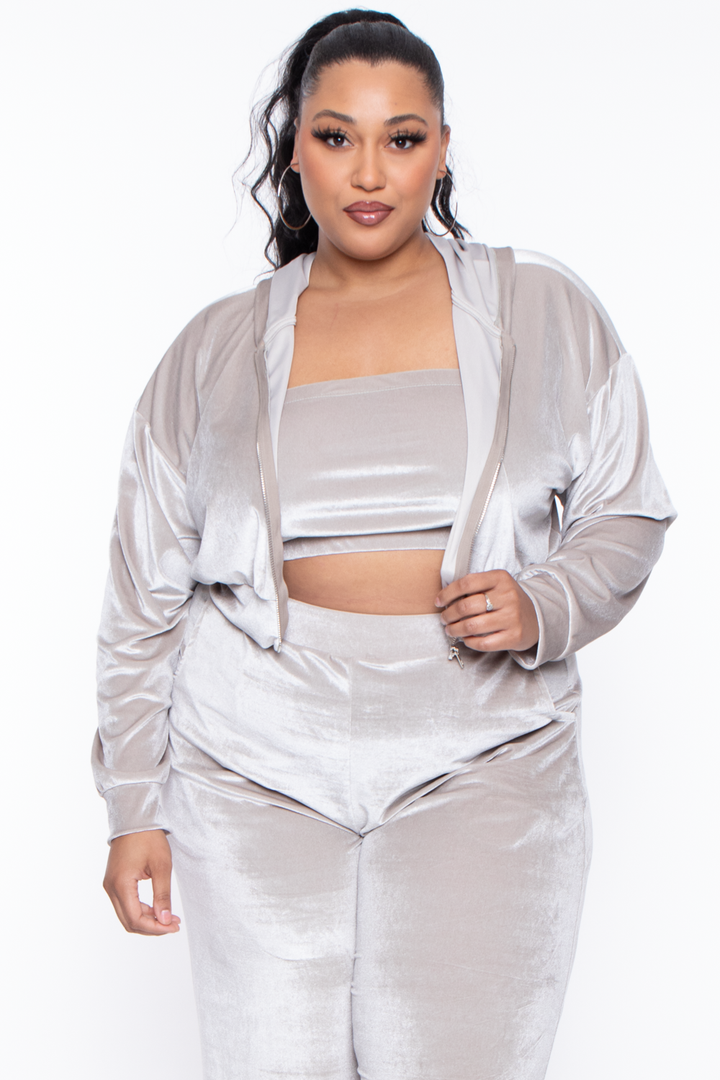 Curvy Sense Matching Sets 1X / Stone Plus Size Yvonne Velour Hoodie Jacket - Stone