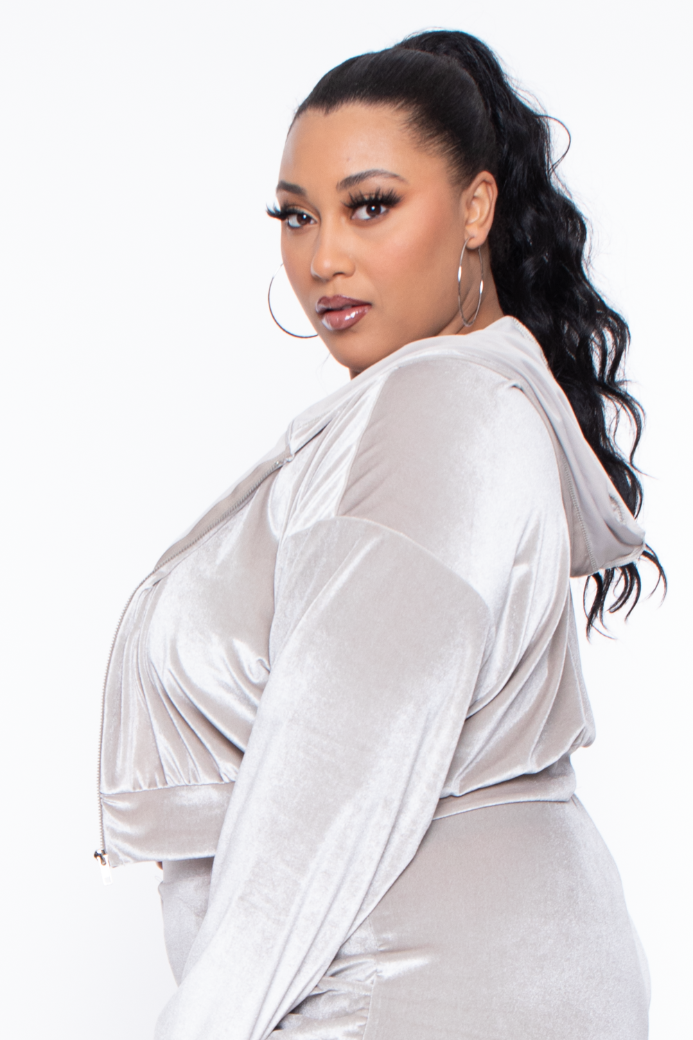 Curvy Sense Matching Sets Plus Size Yvonne Velour Hoodie Jacket - Stone