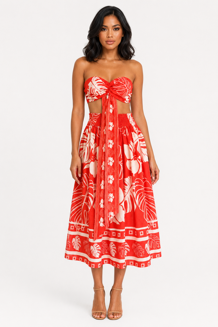 zah Matching Sets Tulum Tropics Top & Skirt Set - Tomato