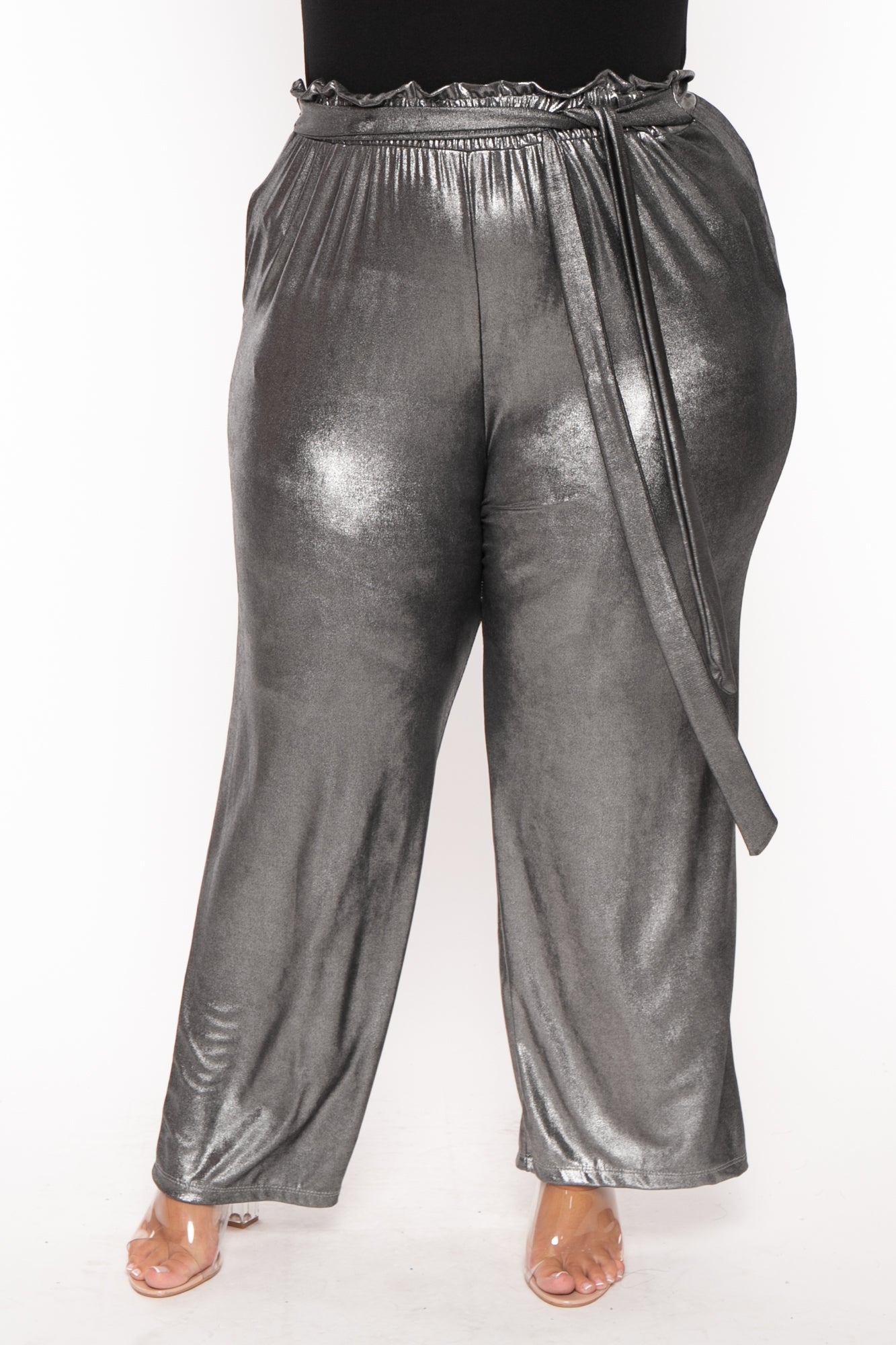 Metallic Silk Belted Pant in Gunmetal Charcoal and Gray | LAPOINTE