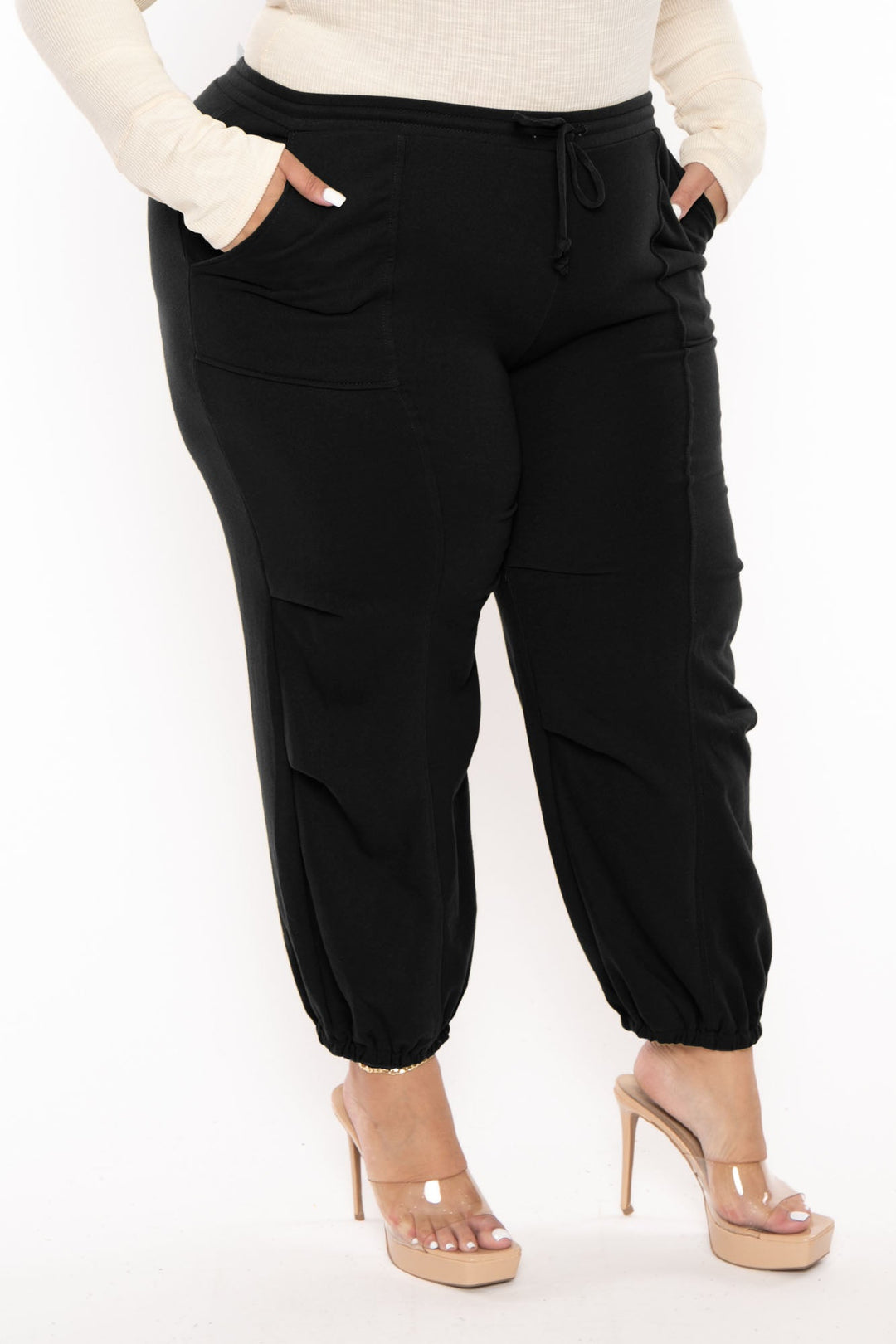 Women's Plus Size Cargo Jogger Sweatpants - Black - Curvy Sense