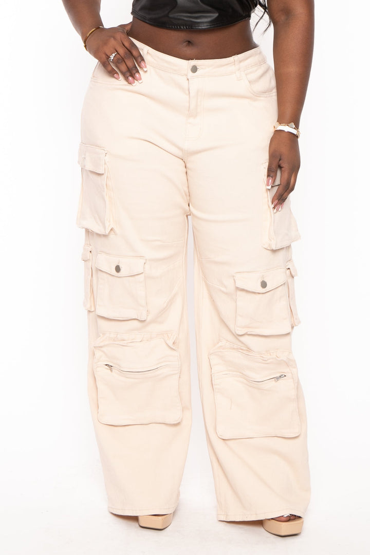 American Bazi Pants 1X / Ivory Plus Size  High Rise Utility Pockets Pants - Ivory