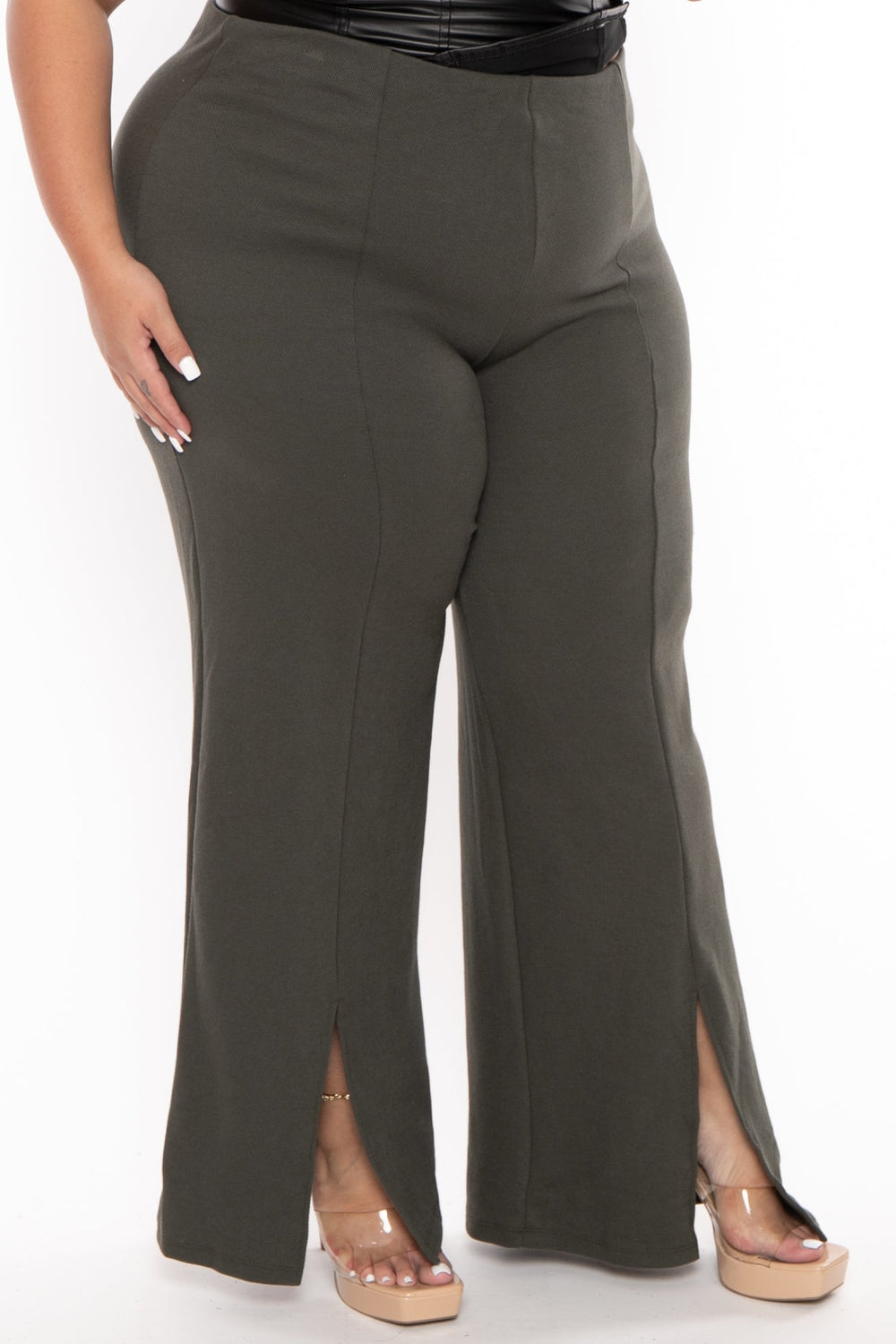 CULTURE CODE Pants 1X / Green Plus Size High Waist Front Slit Pants  - Grey