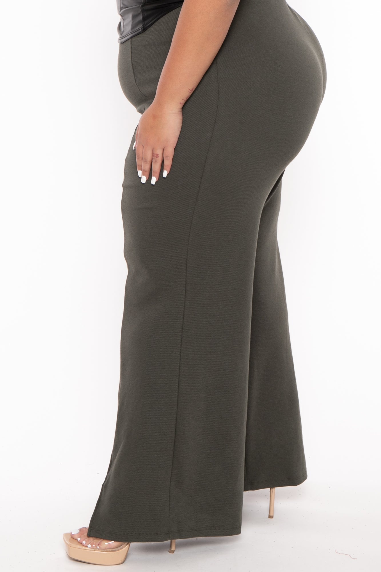 Women's Plus Size High Waist Front Slit Pants - Olive - Curvy Sense