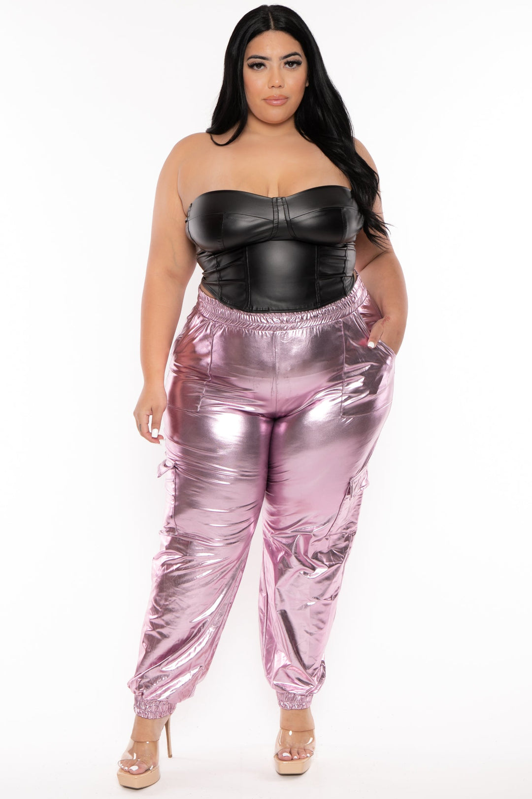 Women's Plus Size Metallic Cargo Pants - Pink - Curvy Sense