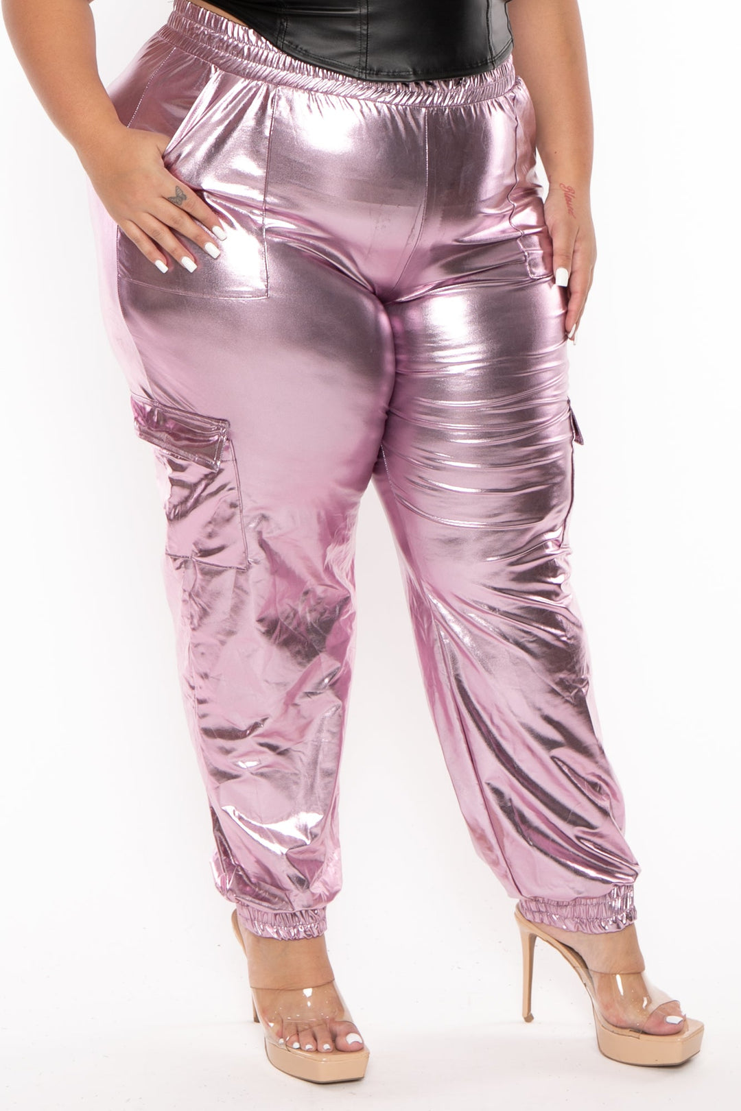 GEE GEE Pants 1X / Pink Plus Size Metallic  Cargo  Pants - Pink