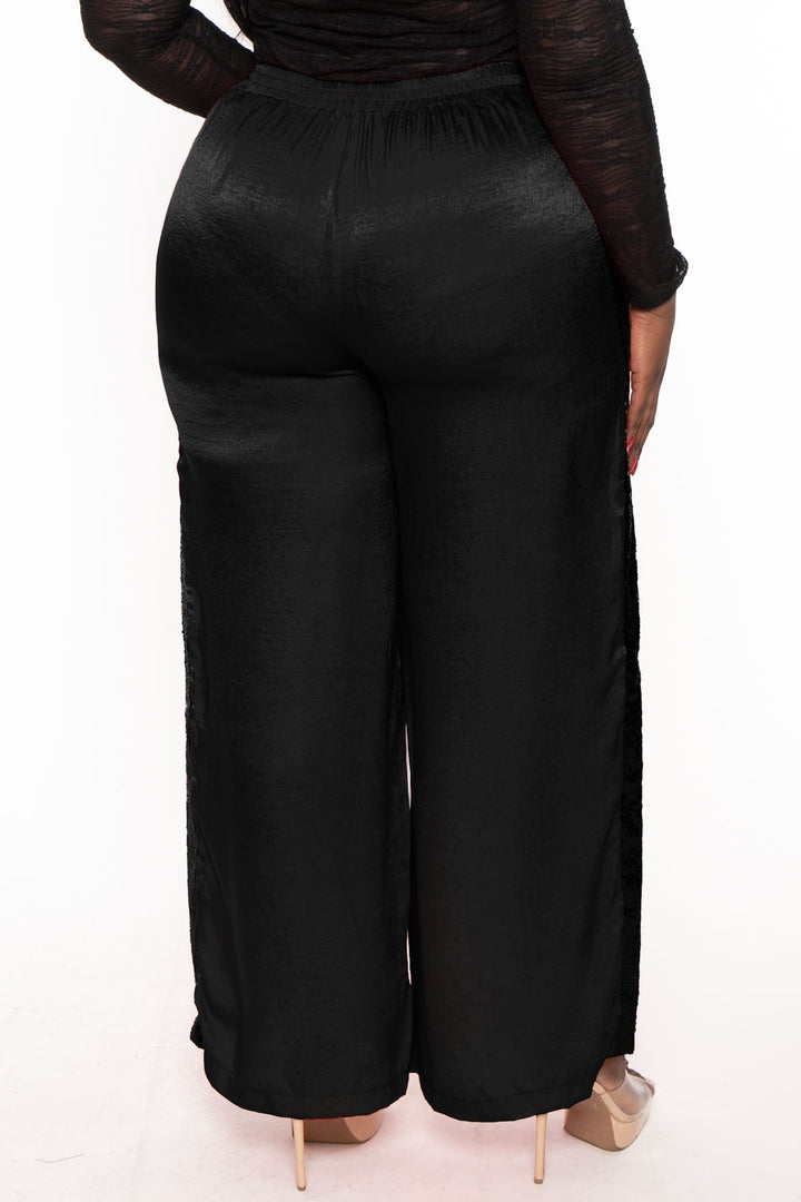 GiGio Pants Plus Size  Silk Side  Sequins Pants- Black
