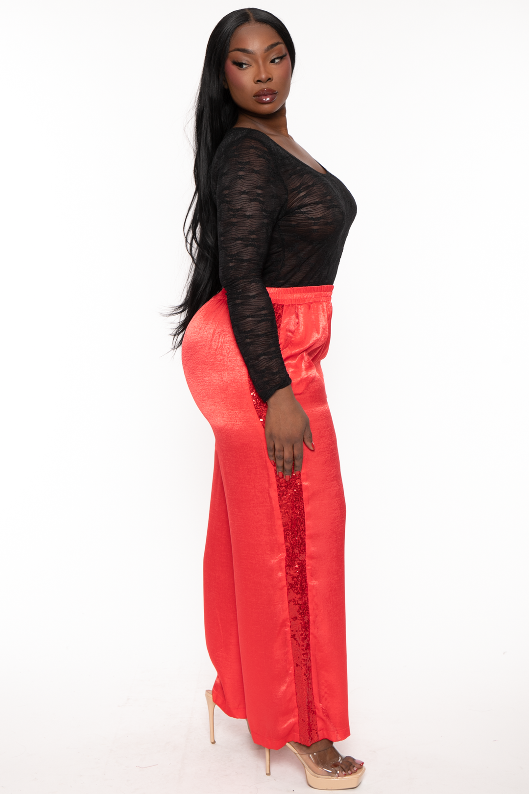 GEE GEE Pants XL / Red Plus Size  Silk Side  Sequins Pants- Red