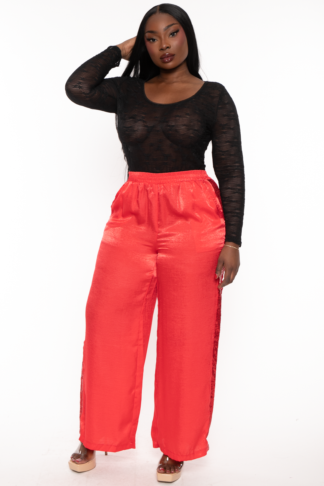 GEE GEE Pants Plus Size  Silk Side  Sequins Pants- Red