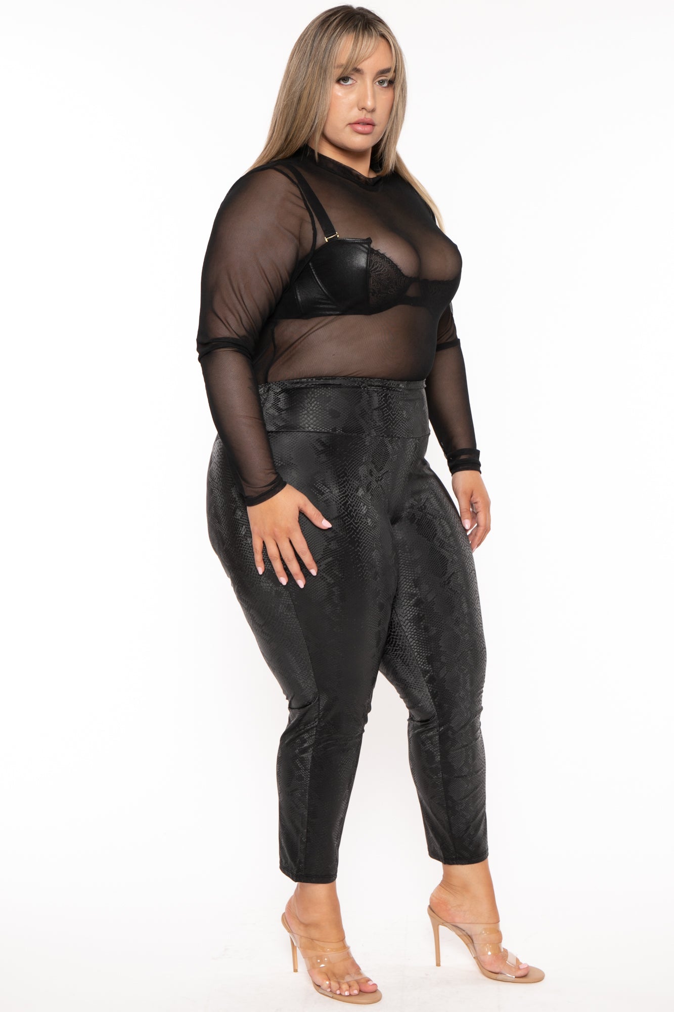 SHEIN SXY Plus Hook & Eye Front Mesh Top & Ruched Leggings Set | SHEIN IN