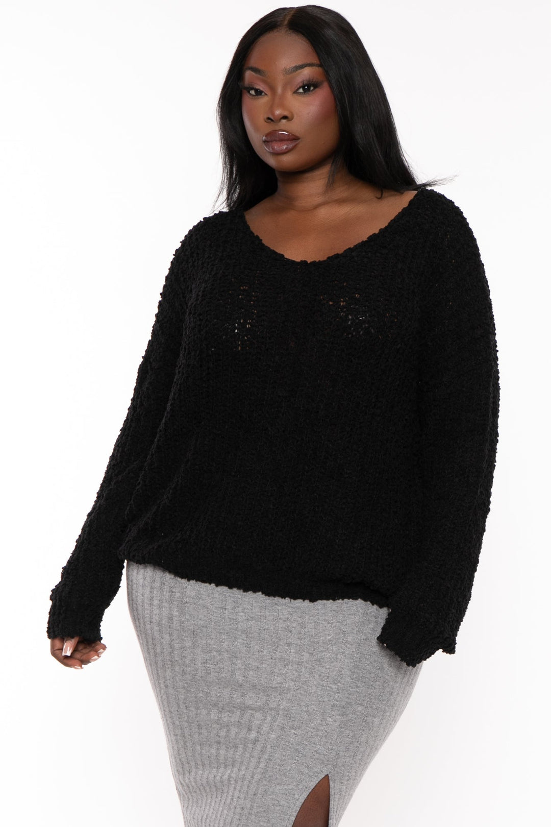 Sweet Generis Sweaters & Cardigans 1X / Black a Plus Size Ribbed Popcorn Knit Sweater - Black
