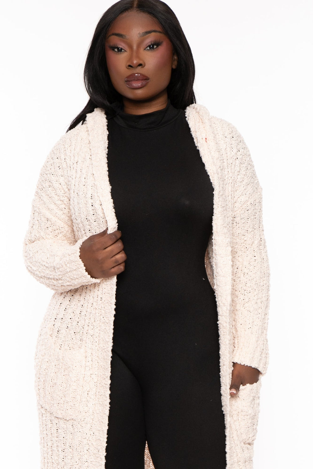 Sweet Generis Sweaters & Cardigans Plus Size  Cozy Hoodie Popcorn Duster Cardigan -Ivory