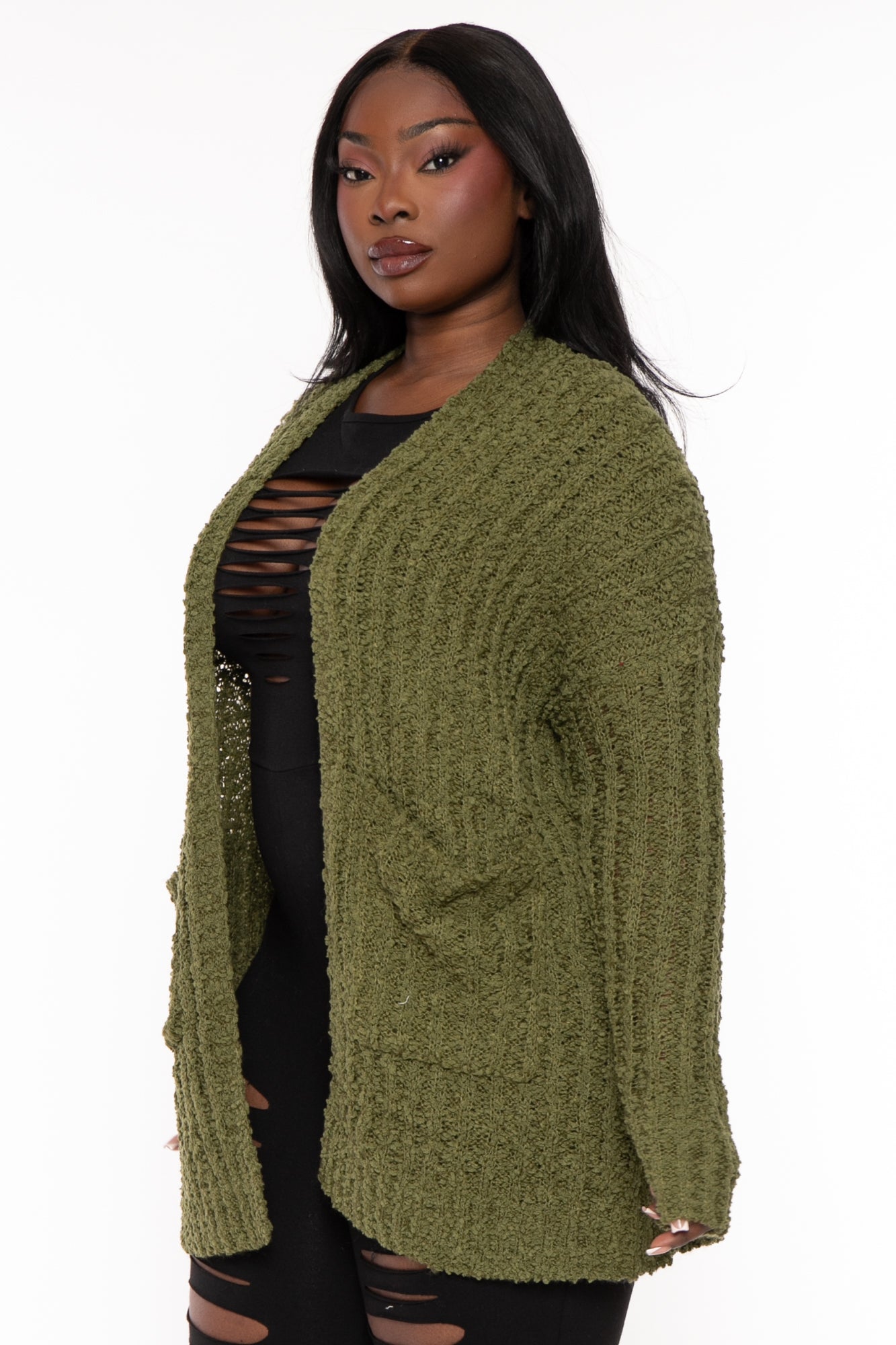 Plus Size Cozy Popcorn Cardigan Olive Curvy Sense