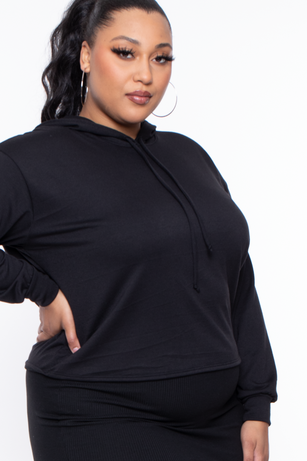 Curvy Sense Sweaters & Cardigans Plus Size Essential Cropped Hoodie - Black