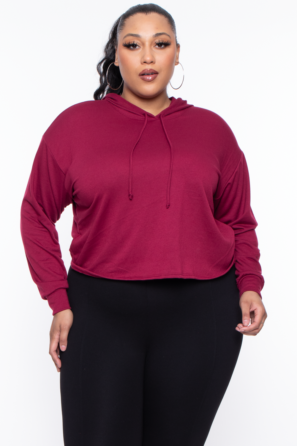 Plus Size Essential Cropped Hoodie - Burgundy