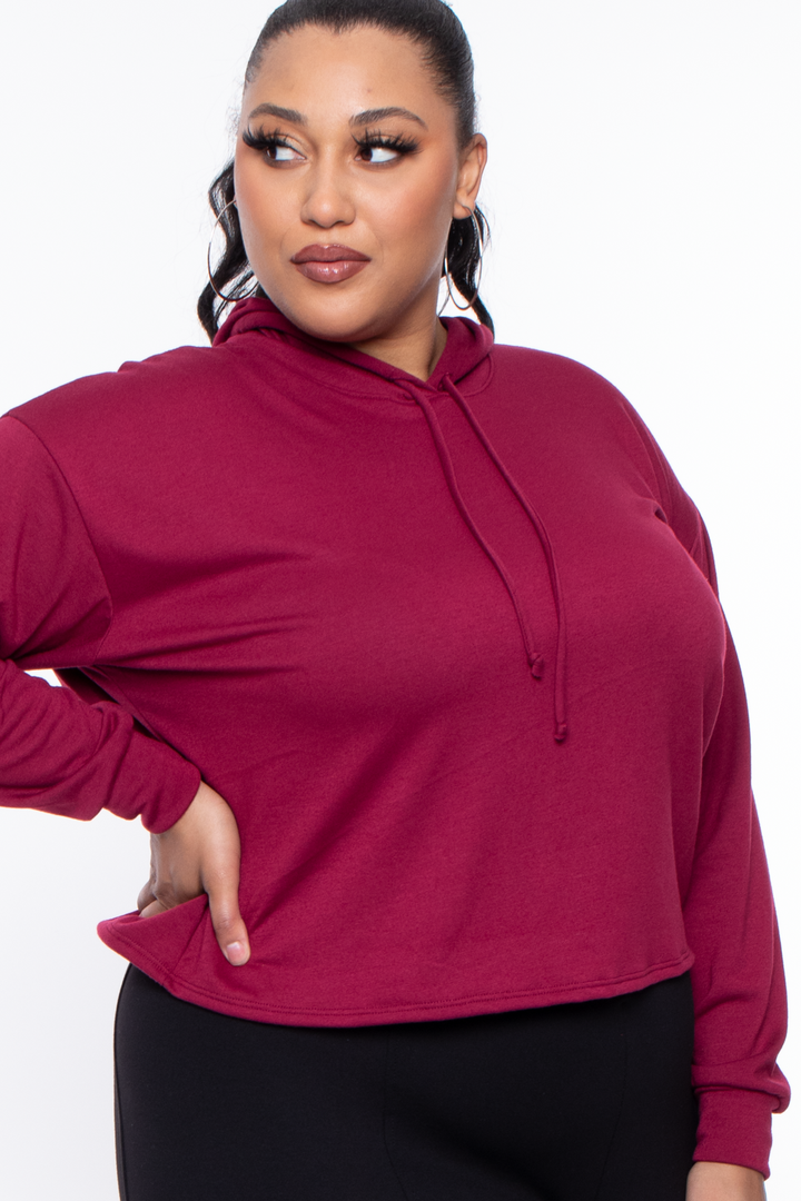Curvy Sense Sweaters & Cardigans Plus Size Essential Cropped Hoodie - Burgundy