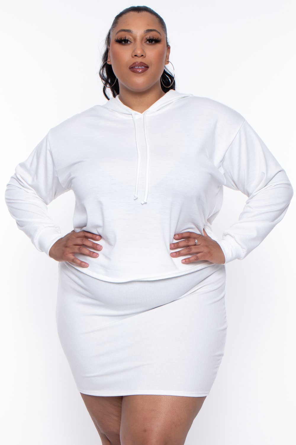 Curvy Sense Sweaters & Cardigans 1X / Ivory Plus Size Essential Cropped Hoodie - Ivory