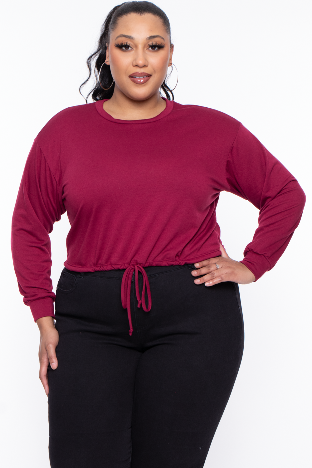 Curvy Sense Sweaters & Cardigans 1X / Burgundy Plus Size Essential Cropped Pullover Sweatshirt - Burgundy