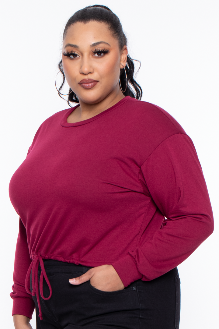 Curvy Sense Sweaters & Cardigans Plus Size Essential Cropped Pullover Sweatshirt - Burgundy