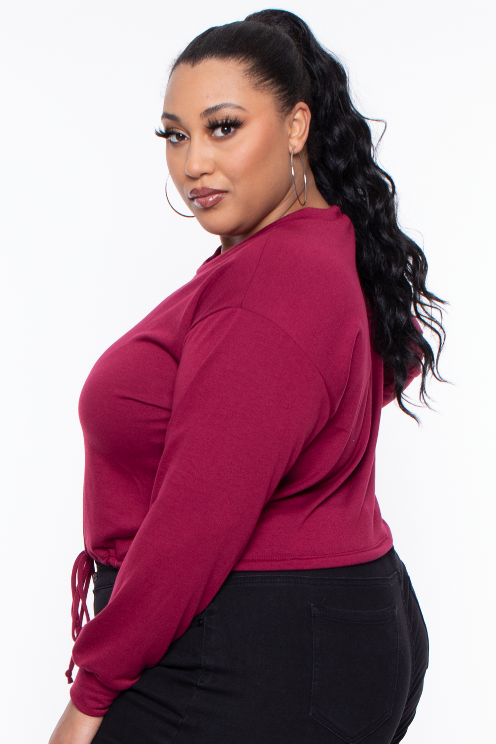 Curvy Sense Sweaters & Cardigans Plus Size Essential Cropped Pullover Sweatshirt - Burgundy