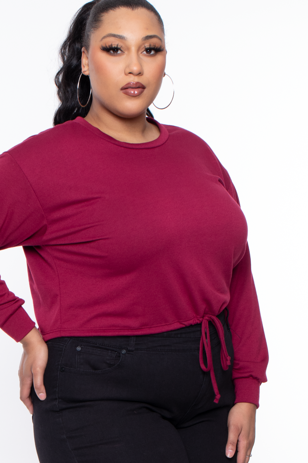 Curvy Sense Sweaters & Cardigans Plus Size Essential Cropped Pullover Sweatshirt - Burgundy