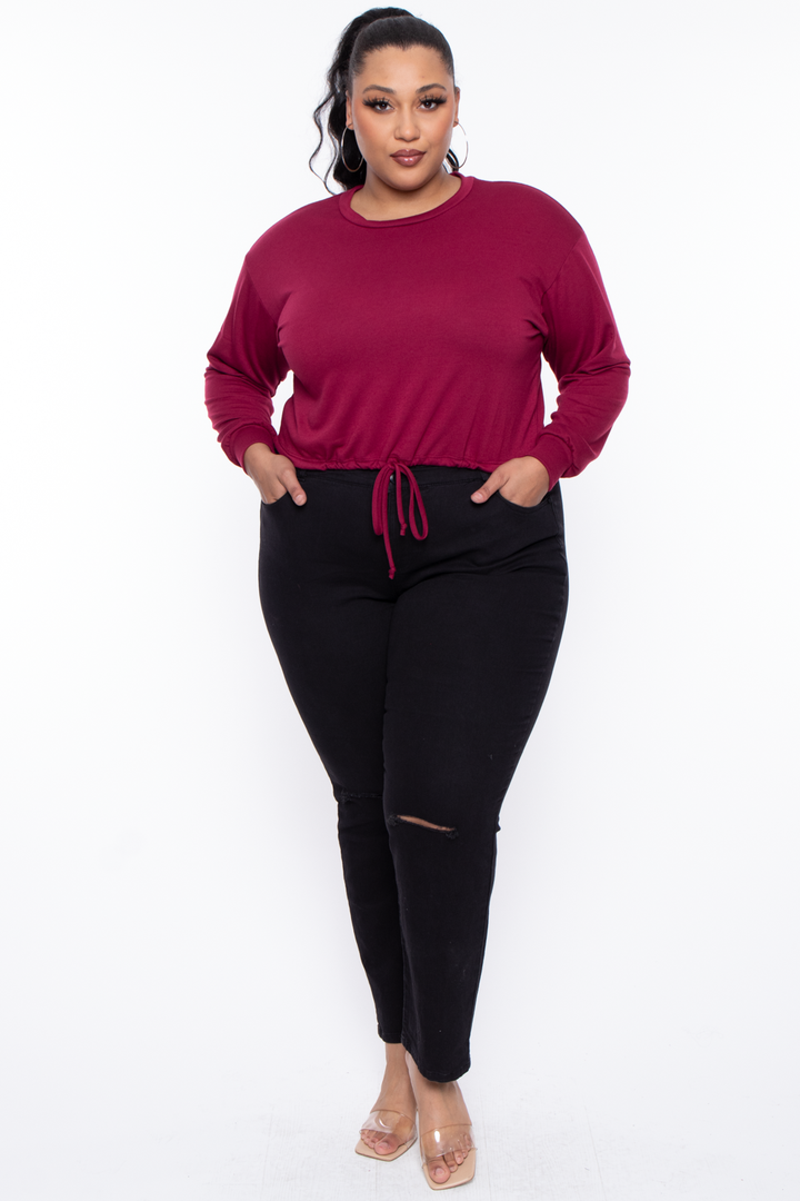 Curvy Sense Sweaters & Cardigans Plus Size Essential Cropped Pullover Sweatshirt - Burgundy