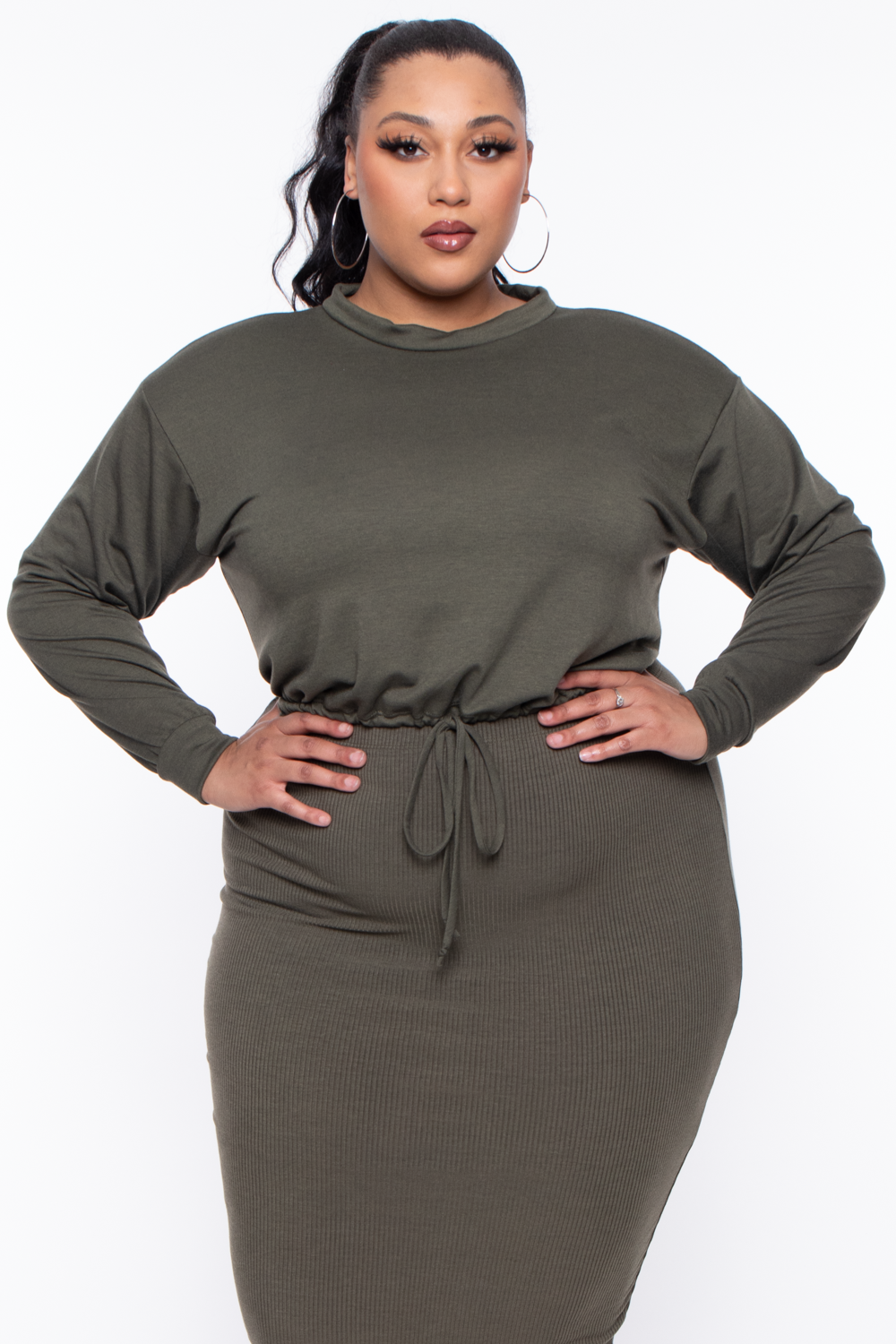 Curvy Sense Sweaters & Cardigans 1X / Olive Plus Size Essential Cropped Pullover Sweatshirt - Olive