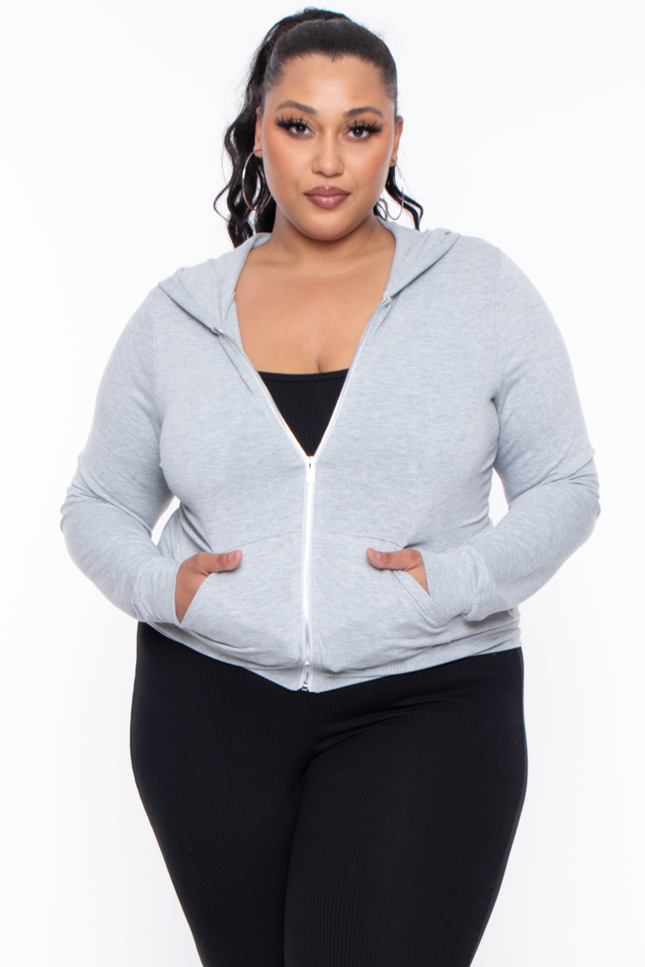 Curvy Sense Sweaters & Cardigans 1X / Heather Grey Plus Size Essential Cropped Zip-Up Hoodie - Heather Grey