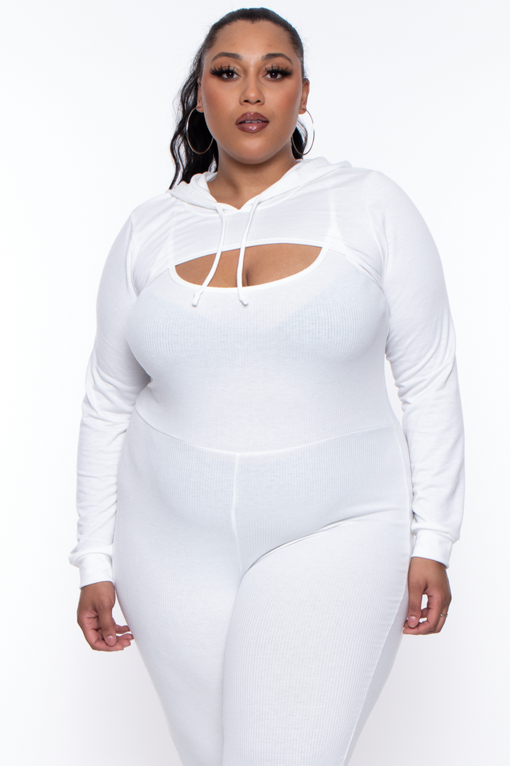Curvy Sense Sweaters & Cardigans 1X / Ivory Plus Size Essential Cut Out Hoodie - Ivory